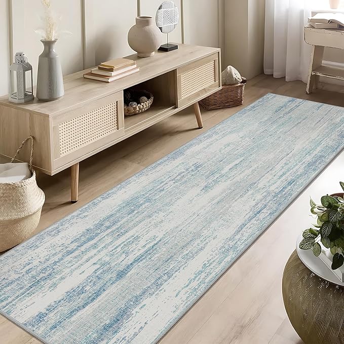 MUJOO Washable Runner Rug 2x8,Modern Abstract Area Rugs for Kitchen Hallways Bedroom Bedside Bathroom Laundry,Non Slip Throw Carpet Long Mat Indoor,Low Pile Accent Neutral Blue