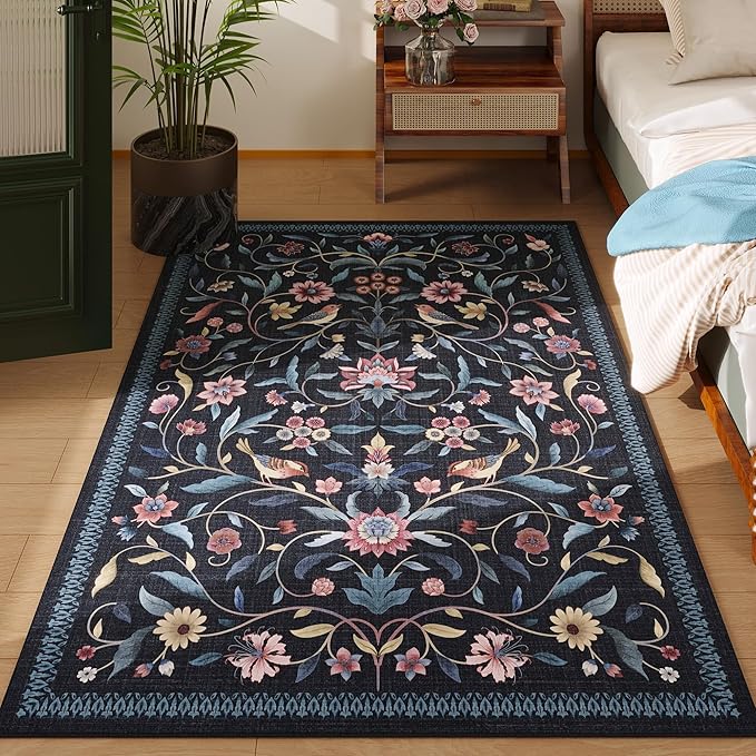 Vintage Medallion Floral 4x6 Rug, Machine Washable Non-Slip Area Rug, Low Pile Soft Carpet for Entry, Living Room, Office, Kids, Girl/Boys Room | Blue