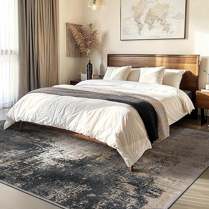 GENIMO Washable Area Rugs for Living Room, 8x10 Vintage Non Slip Rugs, Low Pile Lightweight Soft Print Rug for Bedroom, Dining Room, Home Office, Black Brown