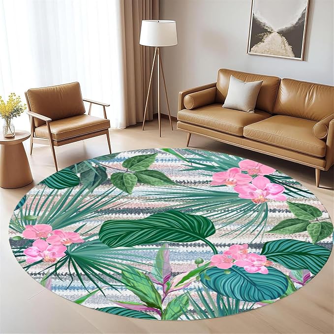 Indoor Outdoor Round Rug 7ft - Blue White Tropical Botanical Pattern, Non-Slip Patio Carpet, Easy-Clean Non-Shedding Rug for Living Room, Kitchen, Garden, Indoor Shower Mat