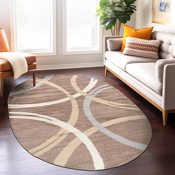 Rugshop Modern Wavy Circles Design Oval Rug, Non-Shedding Carpet for Bedroom, Living Room, or Dining Room, Brown, 5' x 7' Oval