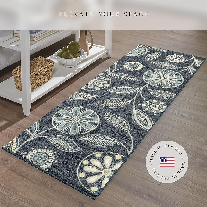 Maples Rugs Reggie Floral Runner Rug - Made in USA - Washable, Non Slip Indoor Carpet for Kitchen, Hallway, and Laundry Room, 2' x 5', Persian Blue