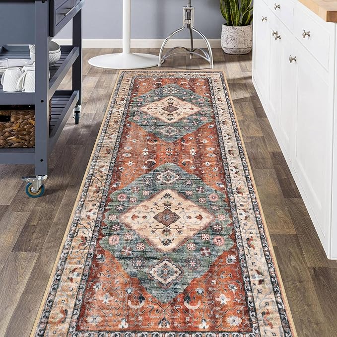 KOZYFLY Runners for Hallways 3x8 Ft Washable Kitchen Runner Rug Boho Runner Rug for Entryway Indoor Rust/Orange/Blue Printed Oriental Faux Wool Floor Carpet Runner for Bedroom Kitchen Hall