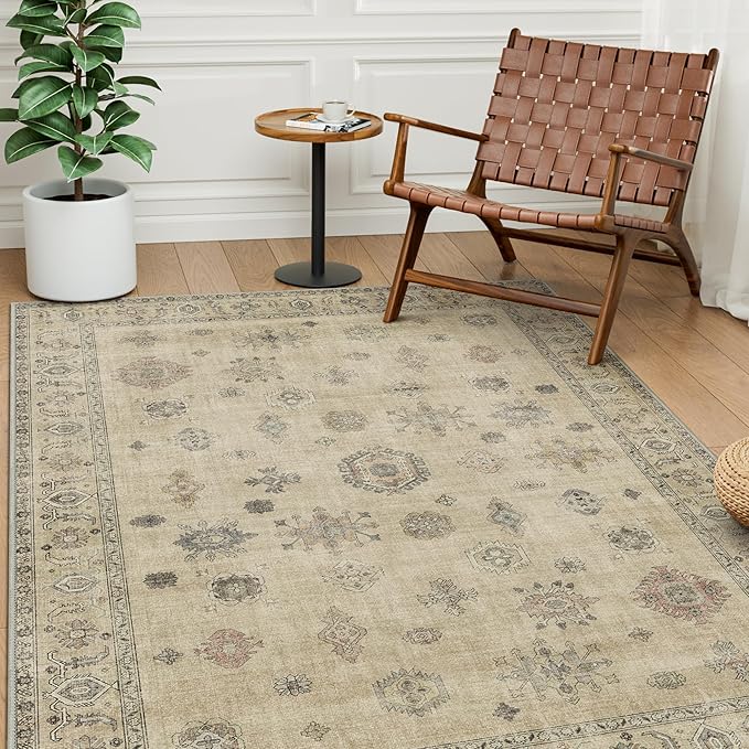 GENIMO 5x7 Area Rugs for Living Room, Machine Washable Non Slip Vintage Retro Rugs, Low Pile Lightweight Chenille Print Rug for Bedroom, Dining Room, Home Office, Sage