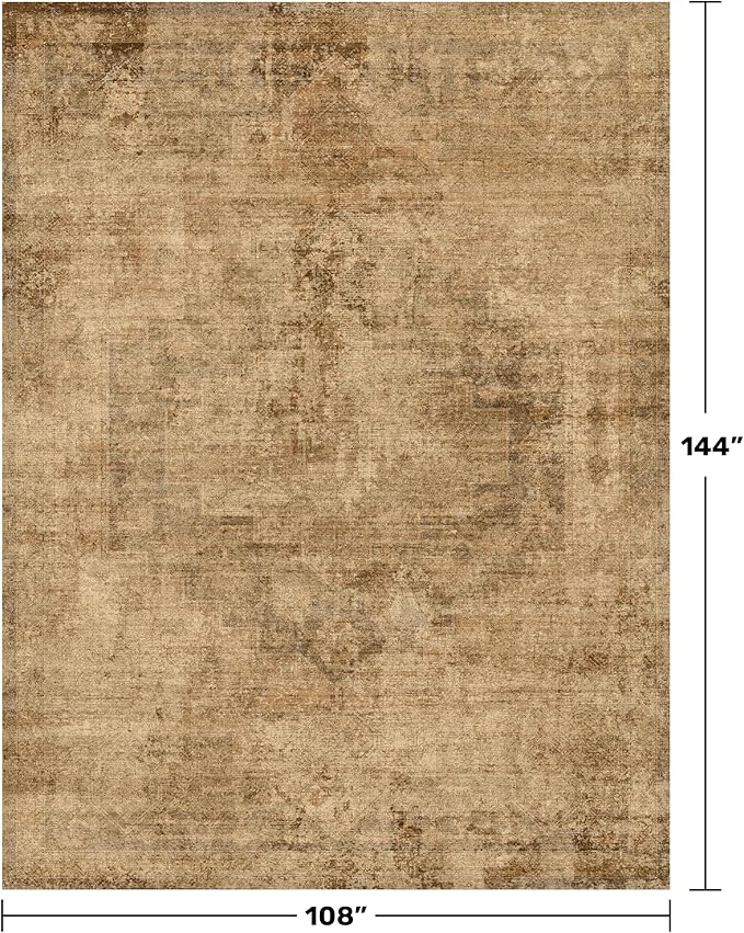 Large Brown Golden Rug for Dining Room Table - Rustic Farmhouse 9x12 Area Rug for Living Room, Bedroom Under Bed, Non Slip with Rubber Backing & Stain Resistant