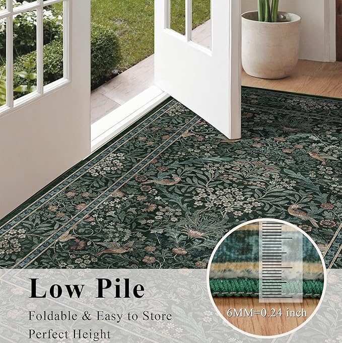 2x3 Floral Washable Area Rug for Entryway, Vintage Boho Rugs for Living Room Bedroom Dining Room, Botanical Birds Non Slip Low Pile Forest Animal Throw Carpet for Farmhouse Office, Retro Green/Blue