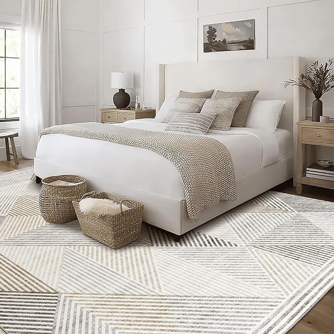 ReaLife Rugs Machine Washable Area Rug - Living Room Bedroom Bathroom Kitchen Entryway Office - Padded Low Pile Stain Resistant Premium - Modern Geometric Contemporary - Miles - Beige 5' x 7'