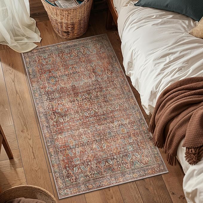 2x3 Entrance Rug Machine Washable Rug Small Door Mat,Ultra-Thin Low Pile Pad,Lightweight Indoor Carpet,Non Slip Floral Area Rug for Entryway,Bedside,Kids Room,Laundry,Bathroom,Terracotta/Indigo