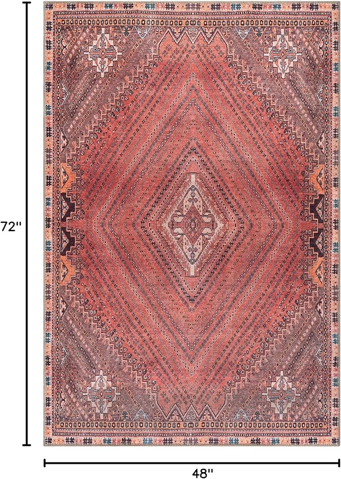 Bloom Rugs Washable Non-Slip 4' x 6' Rug - Red/Multicolor Traditional Bordered Area Rug for Living Room, Bedroom, Dining Room, and Kitchen - Exact Size: 4' x 6'