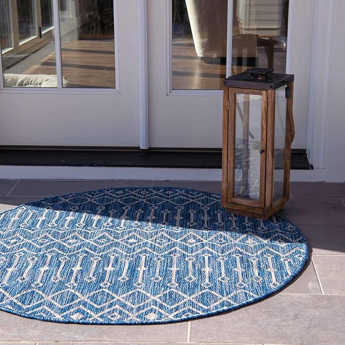 Unique Loom Outdoor Trellis Collection Area Rug - Tribal Trellis (8' Round, Blue/ Ivory)