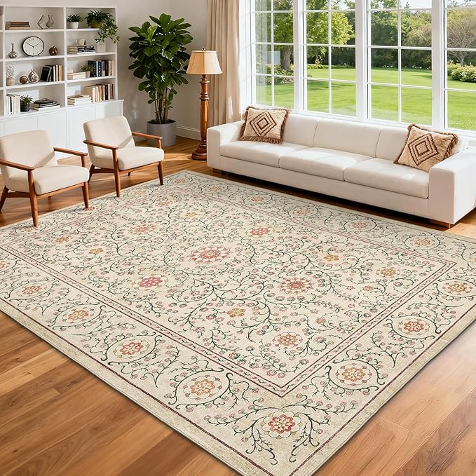 GarveeHome Boho 8x10 Area Rugs for Living Room, Floral Vintage Rugs for Bedroom with Soft Low Pile, Non Slip Stain Resistant Washable Rug 8x10 for Dining Room Camel Large Carpet for Office Playroom