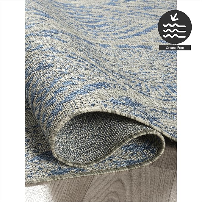FH Home Outdoor Rug - Waterproof Easy to Clean Stain Resistant - Patio Indoor Outdoor Porch Deck Balcony Entryway - Distressed Farmhouse - Granada - Blue - 5ft 2in x 7ft 6in