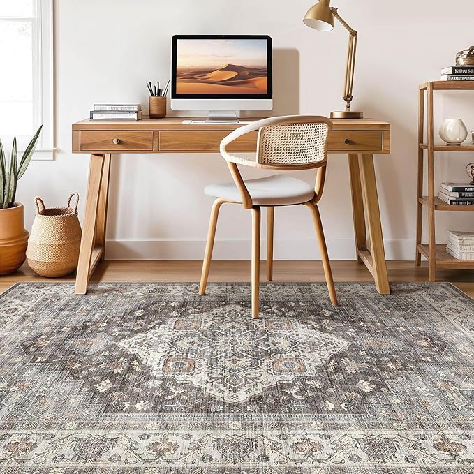 10x14 Area Rugs Living Room: Washable Boho Large Neutral Vintage Soft Rug Stain Resistant Farmhouse Non-Slip Indoor Floor Carpet for Bedroom Nursery Kids Office Dining Room Playroom- Grey Brown