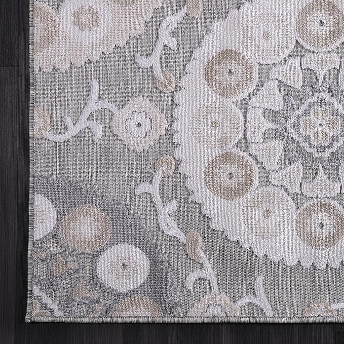 CAMILSON Indoor Outdoor Rug 9x12 Bohemian Medallion Floral Area Rugs for Indoor and Outdoor Patios Easy-Cleaning Non-Shedding Living Room Garden and Kitchen Washable Outside Carpet (9 x 12 / Beige)