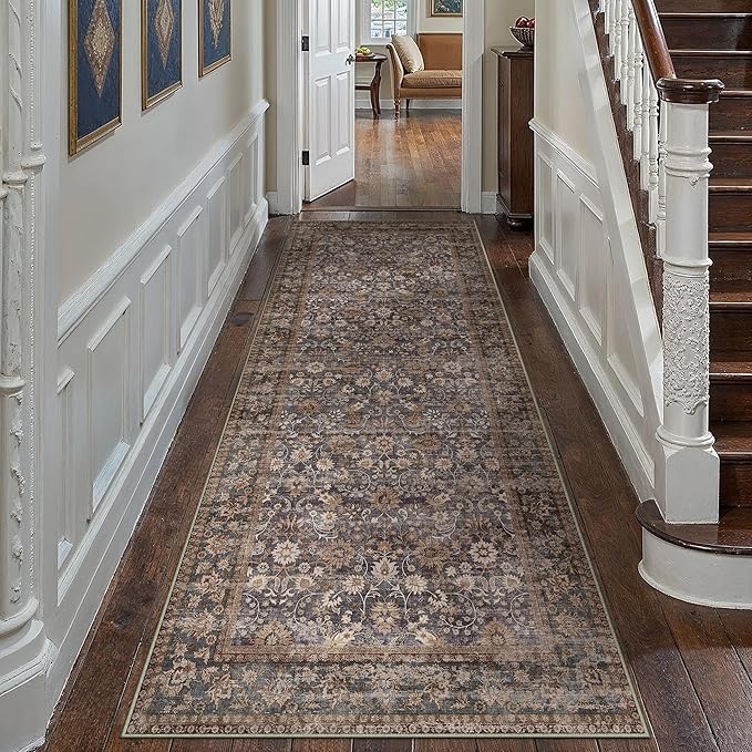 HUGEAR 3x8 Runner Rug Machine Washable Tradition Brown Hallway Area Rug Indoor Accent Rugs Floral Low Pile Carpet Soft Throw Rugs Bedroom Living Room Office Dining Kitchen Laundry Non Slip