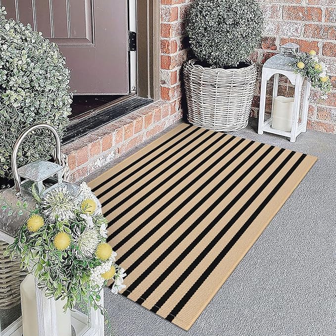 KOZYFLY Brown and Black Striped Porch Rug 27.5x43 Inches Area Rug Washable Outdoor Doormat Front Door Mat Cotton Striped Indoor Outdoor Rugsfor Front Door Kitchen Entryway Patio Porch
