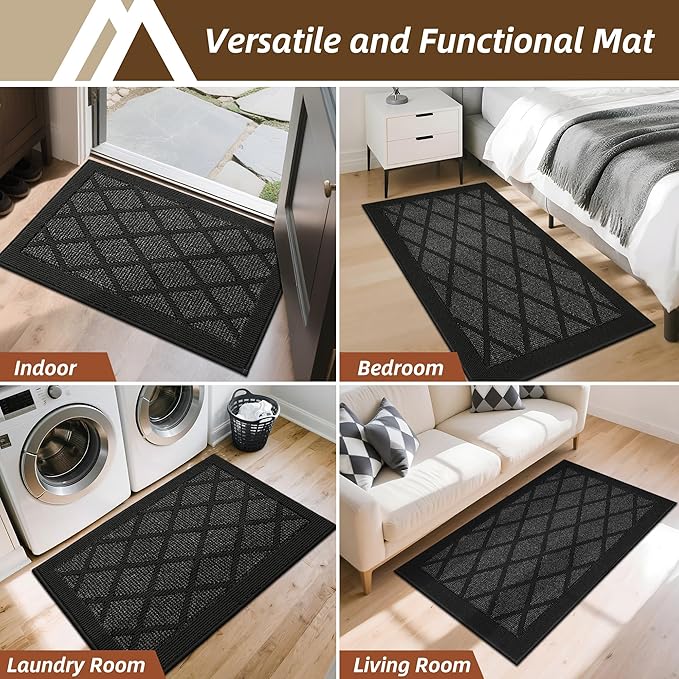COSY HOMEER Non-Slip Door Mat 36"x60", Entryway Rugs Low Profile Absorbent Dirt Trapper Doormat for Front Entrance, Washable Polypropylene Entry Mat (Black)