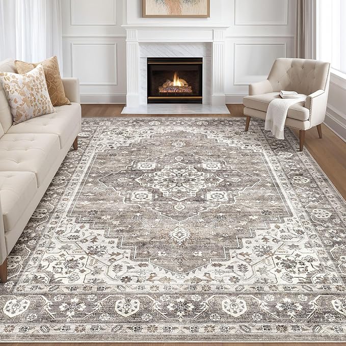 9x12 Area Rug Living Room: Washable Boho Large Neutral Vintage Soft Rugs Stain Resistant Farmhouse Non-Slip Indoor Rustic Floor Carpet for Bedroom Nursery Kids Playroom Office Dining Room- Dark Brown