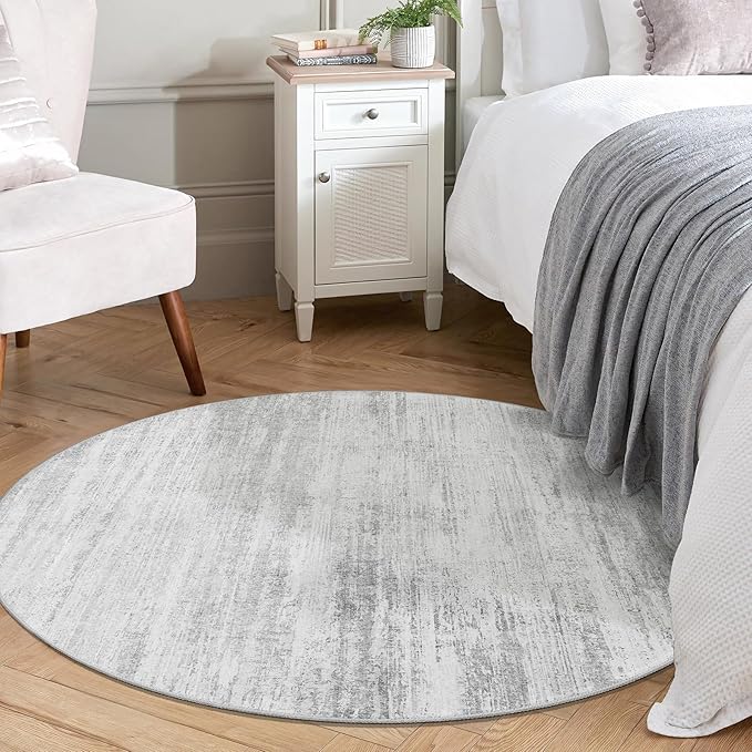 MUJOO Round Rug 4ft,Small Cicle Area Rug Washable,Circular Rugs for Entryway Bedroom Kitchen,Modern Abstract Non Slip Throw Carpet Accent Neutral Grey