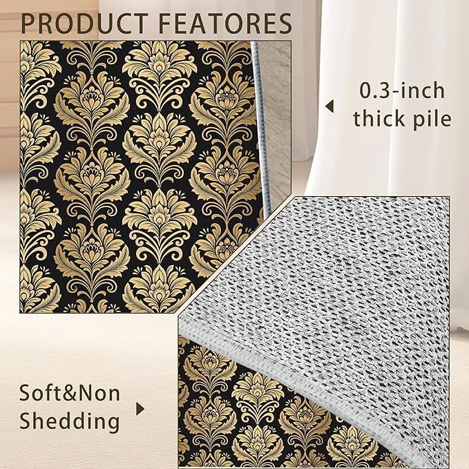 Black Damask Flower Golden Carpet for Living Room, 3x5 Non-Slip Washable Low Pile Abstract Design Rug, Space Saving Area Rug for Bedroom, Dining Room