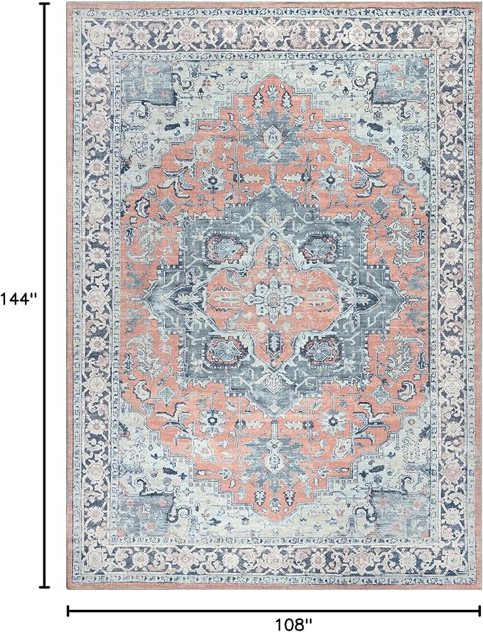 Bloom Rugs Washable Non-Slip 9' x 12' Rug - Coral/Blue Traditional Medallion Area Rug for Living Room, Bedroom, Dining Room, and Kitchen - Exact Size: 9' x 12'