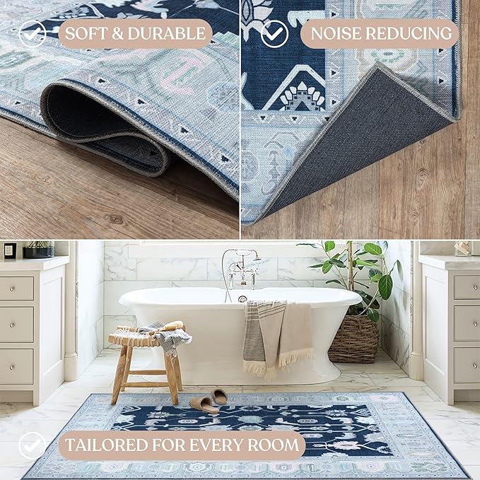 Fame Living Navy Blue Oushak Runner Rug, Modern Runners, Vintage, Turkish, Eclectic, Floral, Pastel, Washable, Long Runner Rugs for Hallway, Kitchen, Living Room, Bedroom, Kitchen, Bathroom, 2'5"x13'