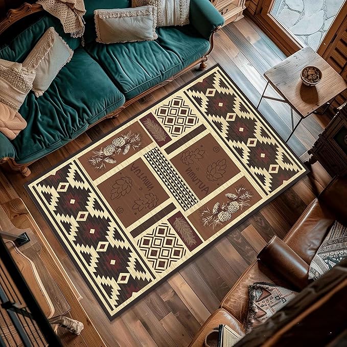 UNREASTO Western Area Rugs 3x4ft Vintage Country Southwestern Native Botanical Farmhouse Rug Floor Mats, Rustic Pine Cone Non-Slip Washable Throw Rugs for Hallway Living Room Bedroom Hardwood Floors