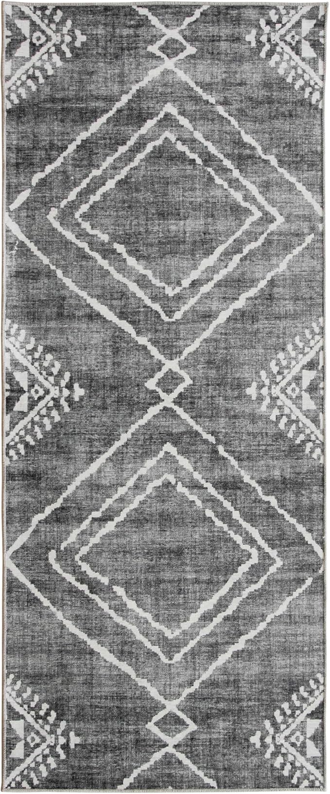 ReaLife Rugs Machine Washable Area Rug Runner - Living Room Bedroom Bathroom Kitchen Entryway Office - Padded Low Pile Stain Resistant Premium - Moroccan Diamond Tribal - Jax - Gray 2'6" x 6'