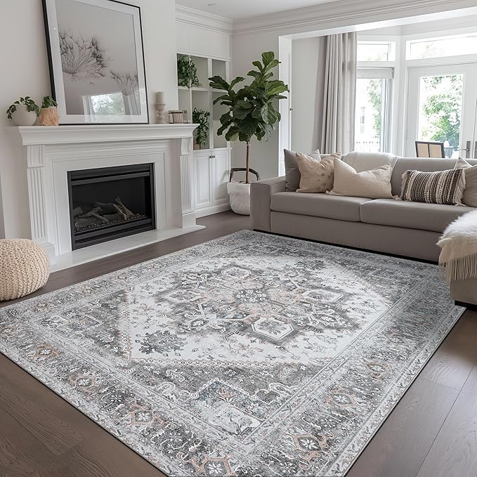 Bavni Area Rug 5x7 for Living Room Bedroom Dining Room, Boho Tribal Machine Washable Rug Print Vintage Aesthetic Gray Carpet, Floor Cover, Low Pile Lightweight Non Slip
