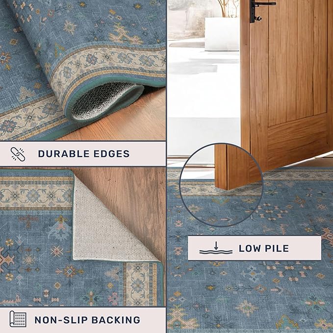 Blue Big Rugs for Living Room - Dusty Blue 10 x 14 Area Rug for Large Bedroom, Dining Room, Washable Lightweight Low Pile Foldable Eclectic Modern Floral Home Décor