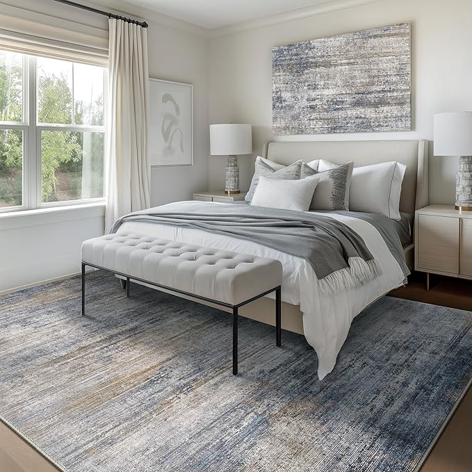 Bavni 5x7 Rug, Machine Washable Rug Non-Slip, Soft Modern Lightweight Area Rug, Stain Resistant Rugs for Living Room, Bedroom, Dining Room, Blue/Light Grey