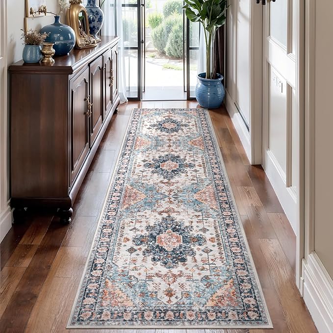 Tangsoo 2.6x10 Hallway Runner Rugs, Washable Runner Rug for Hallway Non Slip Vintage, Soft Low Pile Long Rug Runner, Print Indoor Carpet Runners for Living Room Kitchen Bedroom Entryway Blue/Orange