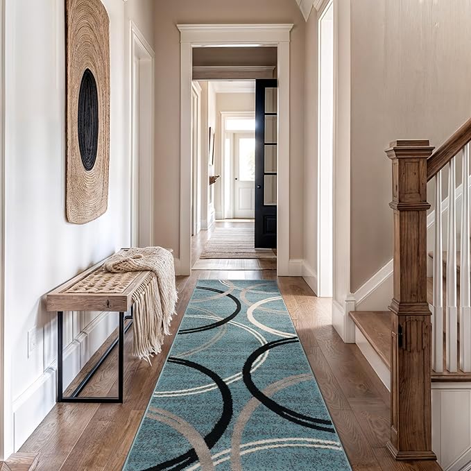 Rugshop Modern Wavy Circles Design Runner Rug, Fade-Resistant Carpet for Hallway, Mudroom, or Kitchen, Blue, 2' x 10'