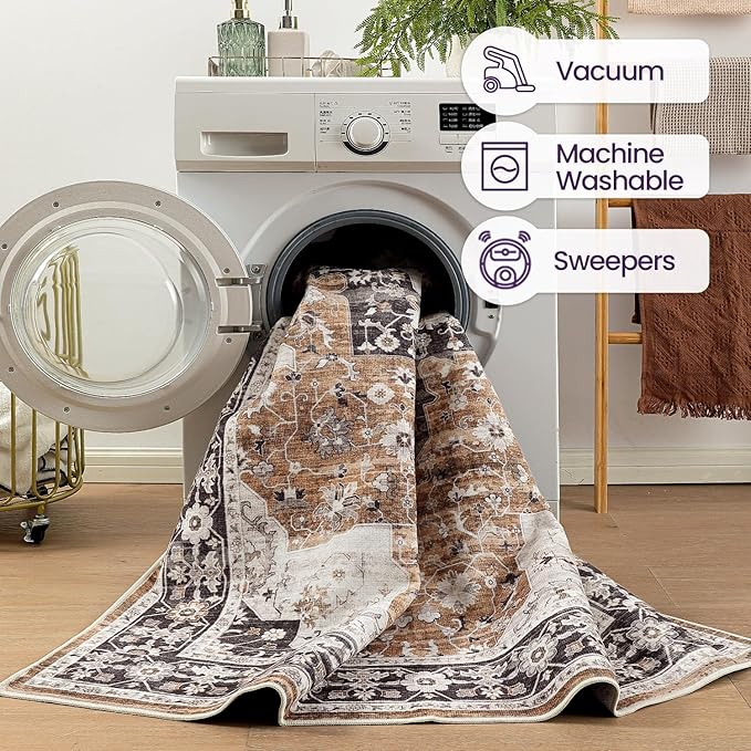 DEXI 8x10 Area Rug for Living Room, Washable Vintage Farmhouse Thin Rug Indoor Floor, Non Slip Stain Resistant Low Pile Carpet for Dining Room Bedroom Office, Brown