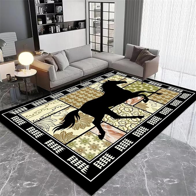 Western Horse Print Rugs 2x3ft,Boho Floral Area Rug, Botanical Print Low Pile Carpet, Stain-Resistant & Machine Washable Non-Slip Mat for Living Room, Bedroom, Dining Room