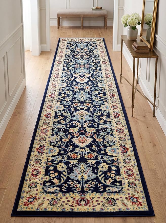 Rugs.com Yasmin Collection Rug – 16 Ft Runner Navy Blue Medium Rug Perfect for Hallways, Entryways
