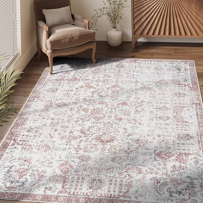 jinchan Kalen Area Rug 5x7 Washable Living Room Rug Vintage Indoor Floor Cover Retro Accent Mat Distressed Floral Country Boho Non Slip Thin Carpet for Bedroom Kitchen Dining Room Office Red Multi