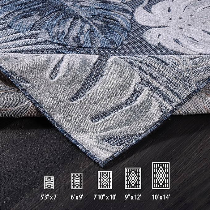 CAMILSON Indoor Outdoor Rug Navy Blue 4x6 Leaf Tropical Botanical Area Rugs for Indoor and Outdoor patios, Easy-Cleaning Non-Shedding Living Room Garden and Kitchen Washable Outside Carpet (4 x 6)