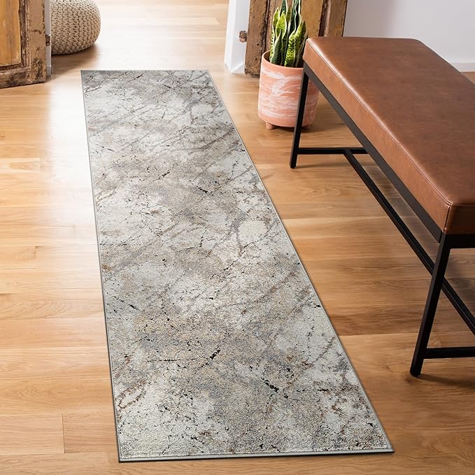 Rugshop Drifted Marble Abstract Area Rug Durable, Kid & Pet Friendly Gray, Ivory, Neutral Tones 2' 3" x 8' Runner Ideal for Hallway, Kitchen, Entryway, or Behind The Sofa