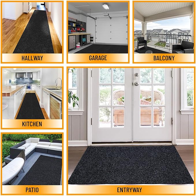 Ottomanson 3'11" x 20' Hallway Runner with Scraper Pile - Extra Durable Non-Slip Rug Mat for Indoor & Outdoor Use - Ideal for Kitchen, Entryway & Garage - High-Traffic Carpet, Black