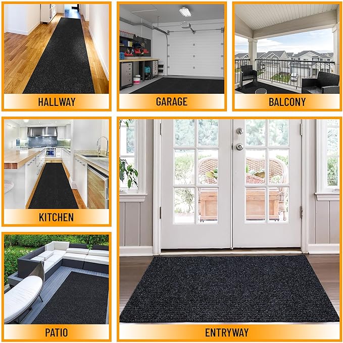 Ottomanson 2' x 21' Hallway Runner with Scraper Pile Extra Durable Non-Slip Rug Mat for Indoor & Outdoor Use - Ideal for Kitchen, Entryway, Patio & Garage - High-Traffic Carpet, Black