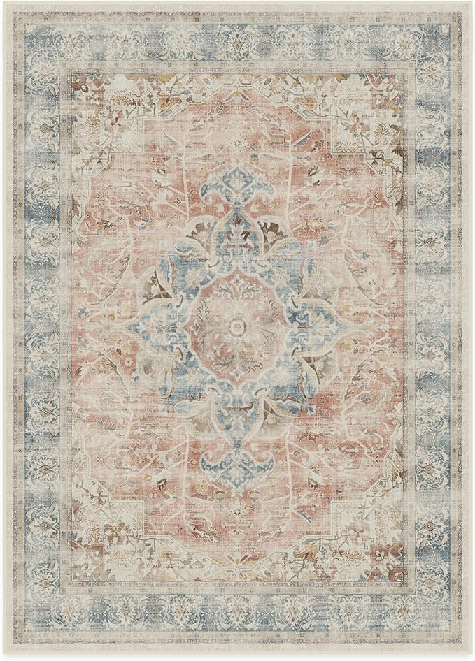 RUGGABLE Washable Vintage Area Rug – Sarrah Coral 10x14, Stain-Resistant, Non-Slip – Large Machine Washable Rugs for Living Room, Bedroom, Hallway, Entryway & Office–with Cushioned Pad