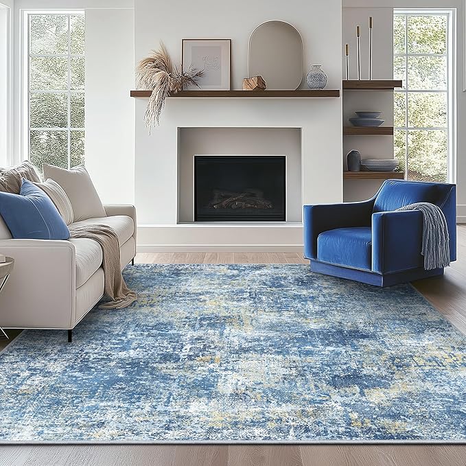 Bavni 6x9 Area Rugs Machine Washable Rug for Living Room, Modern Printed Rug Indoor Soft Area Rug for Bedroom Dining Room, Ultra-Thin Low Pile Carpet with Non Slip Rubber Backing, Denim Blue