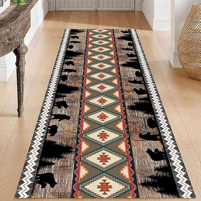 Southwestern Runner Rug, 2x10ft, Rustic Lodge Aztec Country Bear Decorative Runner Rug, Vintage Forest Birch Wild Animal Print Entrance Hallway Rug, Soft Non-Slip Carpet for Living Room Bedroom