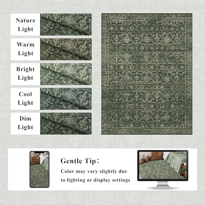 Washable Area Rug 5x7 Green Rugs for Living Room, Vintage Boho Large Rug for Bedroom Dining Room Office, Distressed Floral Print Carpet for Under Table, Soft Non Slip Low Pile Throw Carpet Indoor Mat