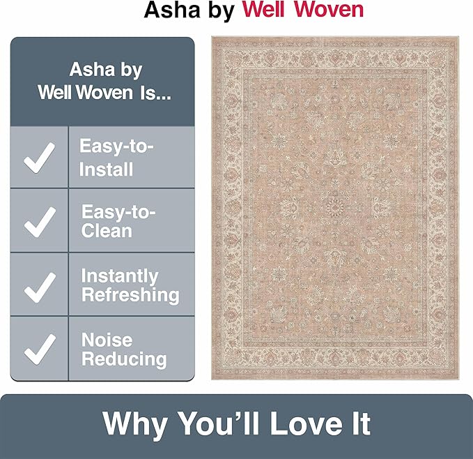 Well Woven Asha Rome Beige Cream 7'7" x 9'10" Area Rug - Oriental Floral Pattern, Easy Clean, Floor-Friendly Backing - for Living Room, Bedroom, and Dining Room