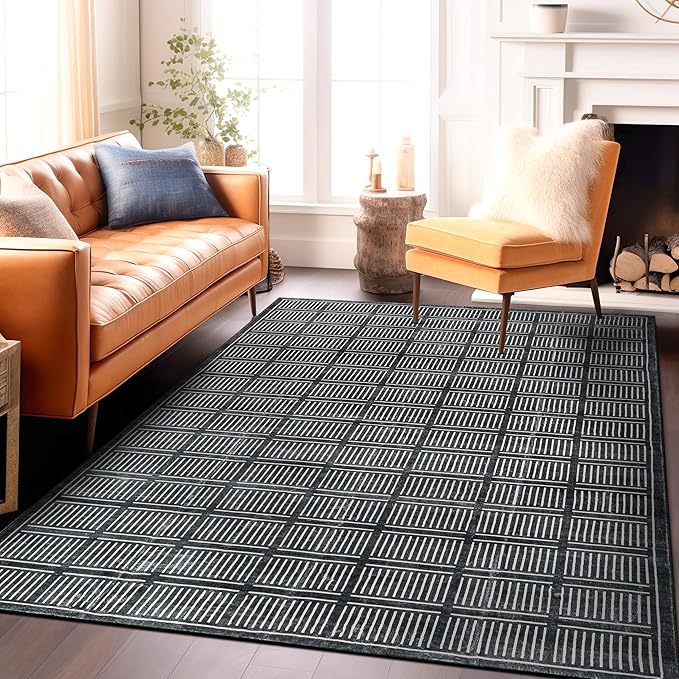 Rugshop Bohemian Stripe Lines Washable Non Slip Area Rug 5' x 7' Black