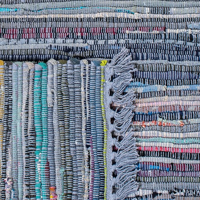SAFAVIEH Rag Rug Collection Area Rug - 4' Square, Purple & Multi, Handmade Boho Stripe Cotton, Ideal for High Traffic Areas in Living Room, Bedroom (RAR121D)
