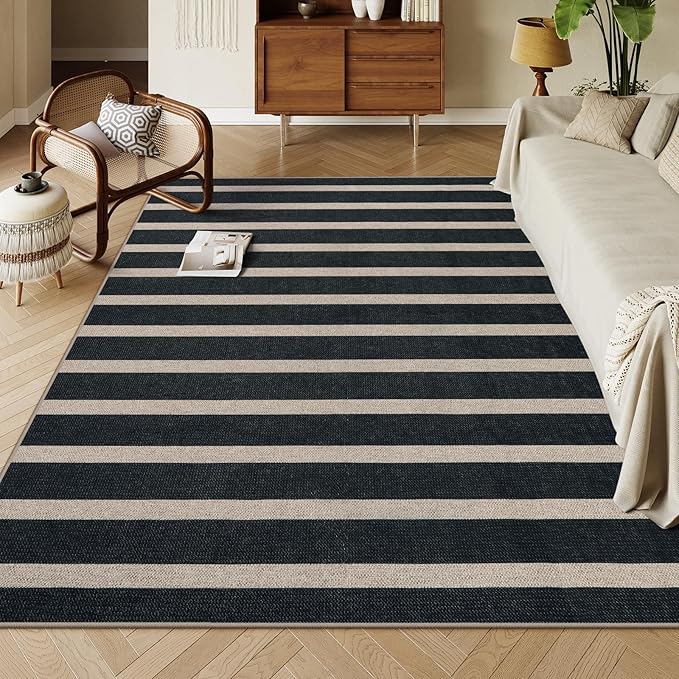 Lahome Striped Easy Jute Outdoor Rug 8x10, Washable Living Room Patio Rug Black Indoor Outdoor Carpet, Farmhouse Geometric Non Slip Non Shedding Carpet for Office Backyard Dining Room