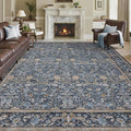 Washable Living Room Rug: 10x14 Boho Floral Soft Area Rug for Bedroom Decor - Vintage Low Pile Thin Carpet for Dining Room Non-Slip - Farmhouse Stain Resistant Rugs - Slate Blue